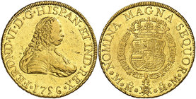 1756. Fernando VI. México. MM. 8 escudos. (Cal. 44) (Cal.Onza 607). 26,94 g. Sin indicación de valor. Sirvió como joya. Rara. MBC/MBC+.
