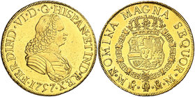 1757. Fernando VI. México. MM. 8 escudos. (Cal. 45) (Cal.Onza 608). 26,91 g. Tercer busto. Sin indicación de valor. Sirvió como joya. Rara. (MBC+).
