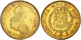 1758. Fernando VI. México. MM. 8 escudos. (Cal. 46) (Cal.Onza 609). 27 g. Sin indicación de valor. Leves marquitas. Muy bella. Precioso color. No figu...