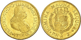 1758. Fernando VI. Popayán. J. 8 escudos. (Cal. 48) (Cal.Onza 611) (Restrepo 26-2). 26,86 g. Sin indicación de valor. Parte de brillo original. Rara. ...