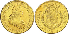 1760. Fernando VI. Popayán. J. 8 escudos. (Cal. 50) (Cal.Onza 613) (Restrepo 26-6, la señala como "rare). 26,64 g. Sin indicación de valor. Acuñación ...