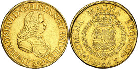 1756. Fernando VI. Santa Fe de Nuevo Reino. S. 8 escudos. (Cal. 62) (Cal.Onza 634) (Restrepo 24-2). 26,87 g. Primer año de busto. Sin indicación de va...