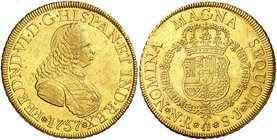 1757. Fernando VI. Santa Fe de Nuevo Reino. SJ. 8 escudos. (Cal. 64) (Cal.Onza 636) (Restrepo 24-5). 27 g. Sin indicación de valor. Único año de este ...