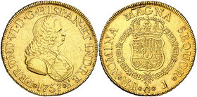 1757. Fernando VI. Santa Fe de Nuevo Reino. J. 8 escudos. (Cal. 65) (Cal.Onza 637) (Restrepo 24-6). 26,95 g. Sin indicación de valor. Pequeña parte de...