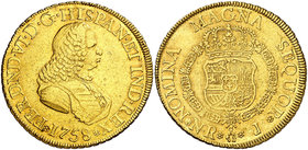1758. Fernando VI. Santa Fe de Nuevo Reino. J. 8 escudos. (Cal. 66) (Cal.Onza 638) (Restrepo 24-8). 26,99 g. Sin indicación de valor. Leves marquitas....