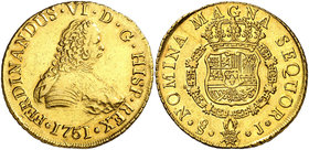 1751. Fernando VI. Santiago. J. 8 escudos. (Cal. 72) (Cal.Onza 644). 26,87 g. Sin indicación de valor. No procede del Tesoro Uruguayo del Río de la Pl...