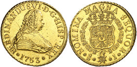1753. Fernando VI. Santiago. J. 8 escudos. (Cal. 75) (Cal.Onza 647). 26,95 g. Sin indicación de valor. Primer año de distinto final de collar. Golpeci...