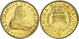 1754. Fernando VI. Santiago. J. 8 escudos. (Cal. 76) (Cal.Onza 648). 26,94 g. Sin indicación de valor. Parte de brillo original. Rara. MBC+.