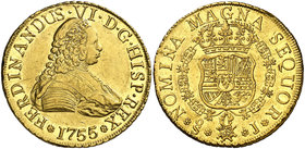 1755. Fernando VI. Santiago. J. 8 escudos. (Cal. 77) (Cal.Onza 649). 26,95 g. Sin indicación de valor. Golpecito en el canto. Bella. Brillo original. ...