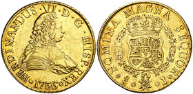 1756/5. Fernando VI. Santiago. J. 8 escudos. (Cal. 78) (Cal.Onza 650). 26,92 g. Sin indicación de valor. Parte de brillo original. Rara. MBC+.