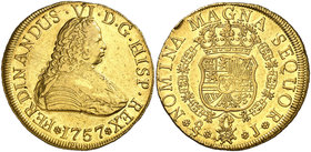 1757. Fernando VI. Santiago. J. 8 escudos. (Cal. 80) (Cal.Onza 652). 27 g. Sin indicación de valor. Golpe en el canto. Acuñación algo descentrada. Par...