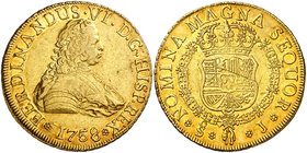 1758. Fernando VI. Santiago. J. 8 escudos. (Cal. 83) (Cal.Onza 655). 26,93 g. Sin indicación de valor. El tosión cuelga de la orden del Espíritu Santo...