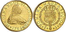 1759. Fernando VI. Santiago. J. 8 escudos. (Cal. 84) (Cal.Onza 657). 26,93 g. Sin indicación de valor. Leves marquitas. Bella. Parte de brillo origina...