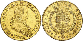 1759. Fernando VI. Santiago. J. 8 escudos. (Cal. 85) (Cal.Onza 659). 26,95 g. Segundo busto. Sin indicación de valor. Golpecitos. Rara, sólo hemos ten...