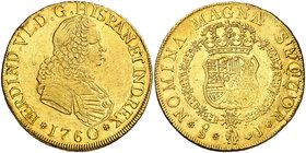 1760/9. Fernando VI. Santiago. J. 8 escudos. (Cal. 86) (Cal.Onza 660). 26,92 g. Sin indicación de valor. Acuñación póstuma. El anverso calcado en el r...