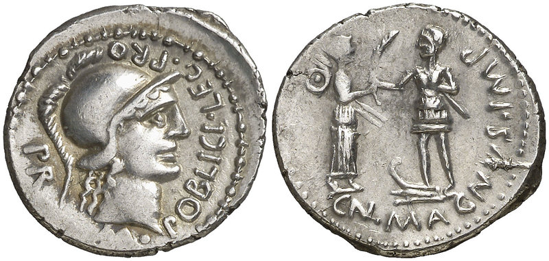 (46-45 a.C.). Cn. Pompeius Magnus / M. Poblicius. Hispania. Denario. (Craw. 469/...