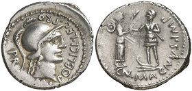 (46-45 a.C.). Cn. Pompeius Magnus / M. Poblicius. Hispania. Denario. (Craw. 469/1a) (FFC. 1 var). 3,89 g. Variante por estilo totalmente distinto en r...