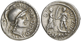 (46-45 a.C.). Cn. Pompeius Magnus / M. Poblicius. Hispania. Denario. (Craw. 469/1a var) (FFC. 2, mismo ejemplar). 3,86 g. Variante LEO por LEG. Ex Auc...