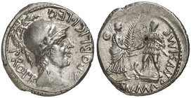 (46-45 a.C.). Cn. Pompeius Magnus / M. Poblicius. Hispania. Denario. (Craw. 469/1e) (FFC. 3, mismo ejemplar). 3,81 g. Atractiva. Escasa. EBC-.