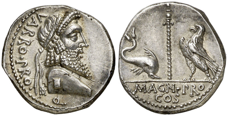 (49 a.C.). Cn. Pompeius Magnus / M. Terentius Varro. Hispania. Denario. (Craw. 4...