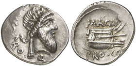 (49 a.C.). Cn. Pompeius Magnus / Cn. Calpurnius Piso. Hispania. Denario. (Craw. 446/1) (FFC. 6, mismo ejemplar). 3,64 g. Bella. Ex Colección Steinberg...