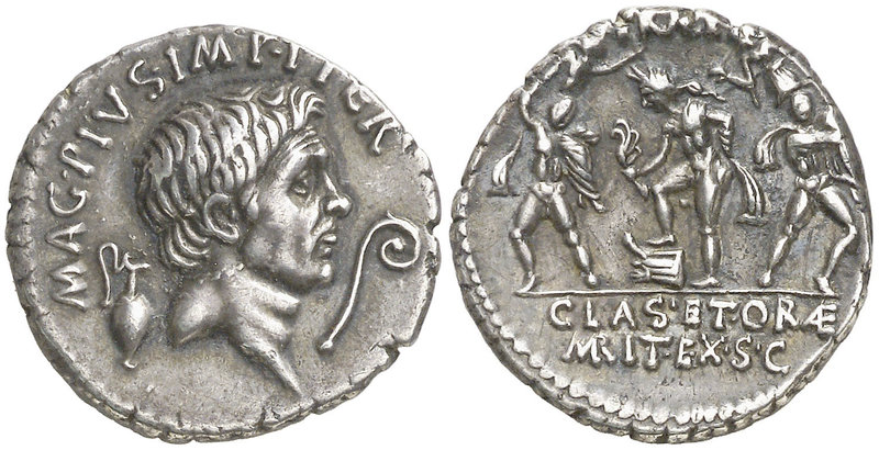 (42-40 a.C.). Cn. Pompeius Magnus / Sex. Pompeius Magnus. Sicilia. Denario. (Cra...