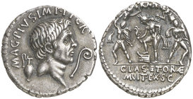 (42-40 a.C.). Cn. Pompeius Magnus / Sex. Pompeius Magnus. Sicilia. Denario. (Craw. 511/3a) (FFC. 26, mismo ejemplar). 3,81 g. Bella. Rara. EBC.

Est...