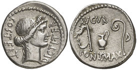 (46 a.C.). Julio César. África. Denario. (Craw. 467/1a) (FFC. 3, mismo ejemplar). 3,86 g. Bella. EBC.

Las letras M y D en el reverso de estos dos d...