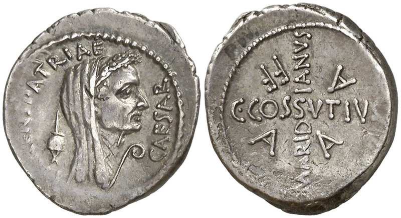 (44 a.C.). Julio César / C. Cossutius Maridianus. Denario. (Craw. 480) (FFC. 5)....