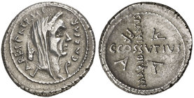 (44 a.C.). Julio César / C. Cossutius Maridianus. Denario. (Craw. 480/19) (FFC. 6, mismo ejemplar). 3,91 g. Bella. Rara. EBC-.