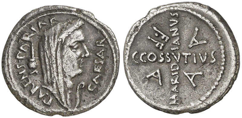(44 a.C.). Julio César / C. Cossutius Maridianus. Denario. (Craw. 480/19) (FFC. ...