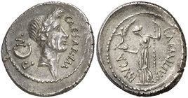 (44 a.C.). Julio César / L. Aemilius Buca. Denario. (Craw. 480/4) (FFC. 17, mismo ejemplar). 4,59 g. Muy bella. Rara. EBC+.