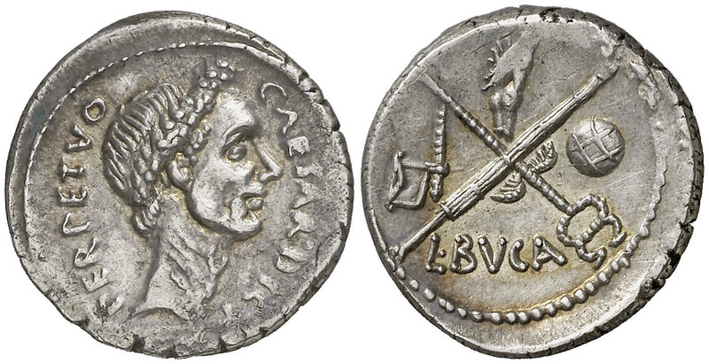 (44 a.C.). Julio César / L. Aemilius Buca. Denario. (Craw. 480/6) (FFC. 21, mism...
