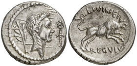 (42 a.C.). Julio César / L. Livineius Regulus. Denario. (Craw. 494/24) (FFC. 23, mismo ejemplar). 4,05 g. Bella. Rara. EBC.