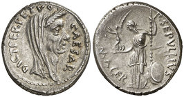 (44 a.C.). Julio César / P. Sepullius Macer. Denario. (Craw. 480/13) (FFC. 31, mismo ejemplar). 3,83 g. Bella. Rara. EBC.