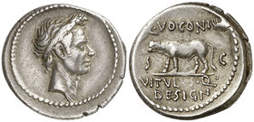 (40 a.C.). Julio César / Quintus Voconius Vitulus. Denario. (Craw. 526/4) (FFC. 43, mismo ejemplar). 3,65 g. Atractiva. Ex Ars Classica 27-29/06/1928,...