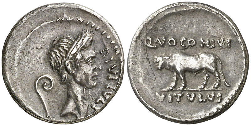 (40 a.C.). Julio César / Quintus Voconius Vitulus. Denario. (Craw. 526/2) (FFC. ...