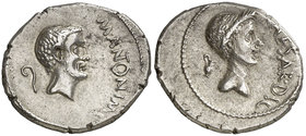 (43 a.C.). Marco Antonio y Julio César. Galia. Denario. (Craw. 488/1) (FFC. 1, mismo ejemplar). 3,84 g. Atractiva. Rara. EBC-.