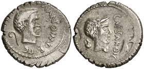 (43 a.C.). Marco Antonio y Julio César. Galia. Denario. (Craw. 488/2) (FFC. 4, mismo ejemplar). 3,61 g. Acuñada sobre otra moneda. Rara. MBC+.