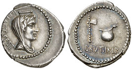 (43-42 a.C.). Bruto / L. Plaetorius Cestianus. Grecia. Denario. (Craw. 508/2) (FFC. 1, mismo ejemplar). 3,81 g. Anverso levemente desplazado. Muy bell...