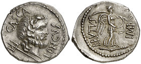 (43-42 a.C.). Bruto / Servilius Casca Longus. Grecia. Denario. (Craw. 507/2) (FFC. 2, mismo ejemplar). 3,94 g. Bellísima. Ex M&M 29/11/1997, nº 226. E...