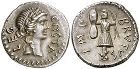 (43-42 a.C.). Bruto / Pedanius Costa. Grecia. Denario. (Craw. 506/2) (FFC. 3, mismo ejemplar). 3,92 g. Muy bella. Escasa. EBC+.