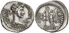 (43 a.C.). Bruto / C. Flavius Hemicillus. Grecia. Denario. (Craw. 504/1) (FFC. 6, mismo ejemplar). 3,47 g. Muy bella. Ex Tritón IV 05/12/2000, nº 418....
