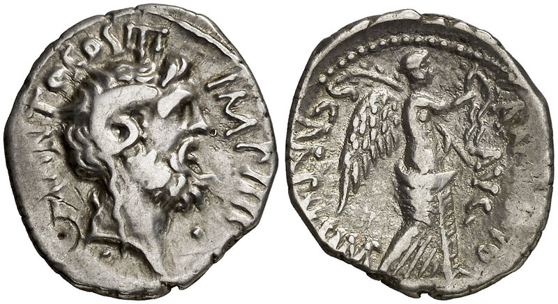 (31 a.C.). Marco Antonio / L. Pinarius Scarpus. Cirenaica. Denario. (Craw. 546/2...