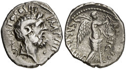 (31 a.C.). Marco Antonio / L. Pinarius Scarpus. Cirenaica. Denario. (Craw. 546/2b) (FFC. 2, mismo ejemplar). 3,52 g. Contramarca en anverso. Rara. MBC...