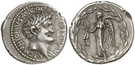 (31 a.C.). Marco Antonio / Decimus Turillius. Ceca volante. Denario. (Craw. 545/2) (FFC. 16, mismo ejemplar). 3,72 g. Bella. Rara. EBC-.