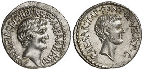 (41 a.C.). Marco Antonio y Octavio / M. Barbatius Philippus. Ceca volante. Denario. (Craw. 517/2) (FFC. 8). 3,67 g. Muy bella. Muy escasa. S/C-.