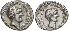 (41 a.C.). Marco Antonio y Octavio / M. Barbatius Philippus. Ceca volante. Denario. (Craw. 517/2) (FFC. 12, mismo ejemplar). 3,40 g. Variante RARBAT. ...