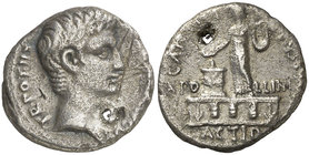 (16-15 a.C.). Octavio Augusto / C. Antistius Vetus. Denario. (RIC. 366) (FFC. 228). 3,38 g. Perforación. Muy rara. (MBC).