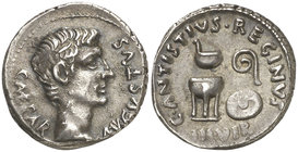 (13 a.C.). Octavio Augusto / C. Antistius Reginus. Denario. (RIC. 410) (FFC. 233, mismo ejemplar). 3,97 g. Bella. Rara. EBC.